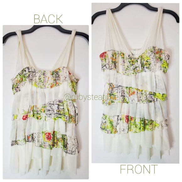 ANTHROPOLOGIE -Weston Wear- Floral Watercolor & Sketch Print Tiered Ruffle Top - Picture 3 of 10